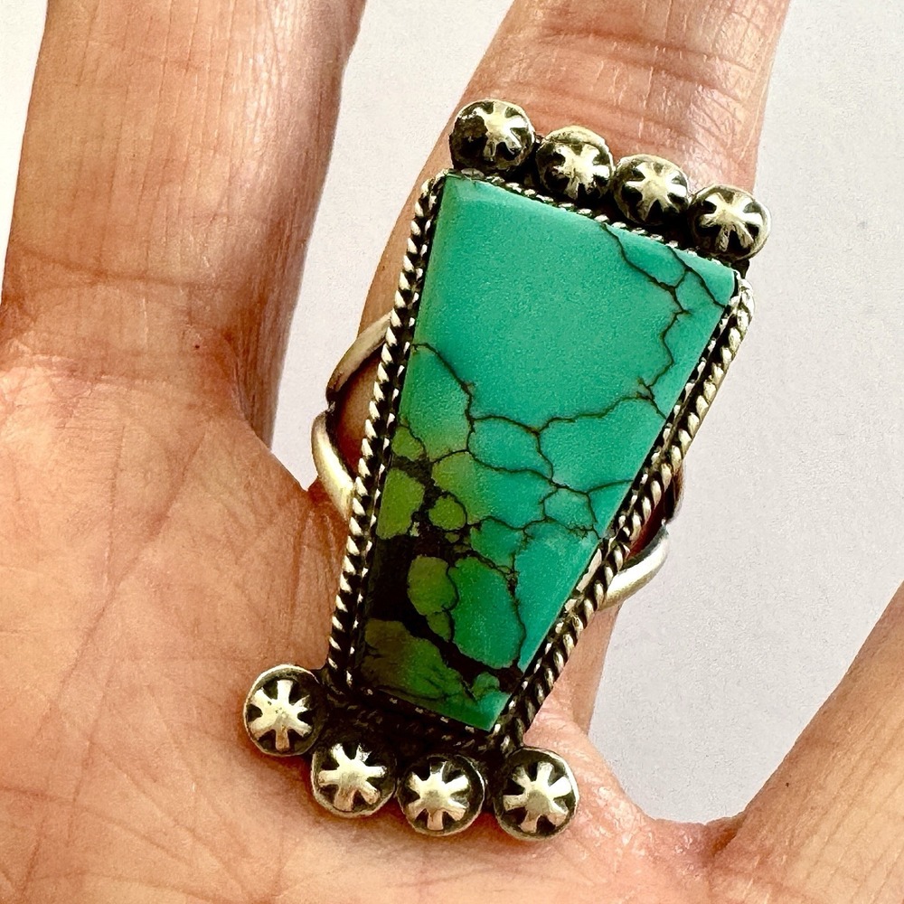 Navajo Turquoise Ring Sz 7 Flat Cab‎ Sterling Signed Selina Warner Native Amer